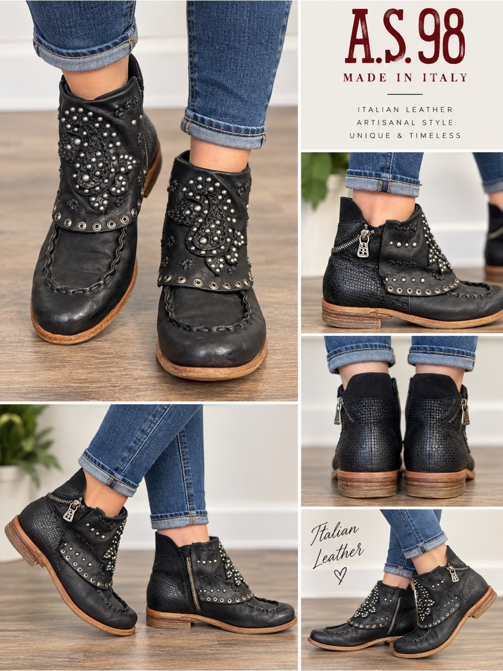 A.S.98 Black Leather Studded Ankle Boots with Brown Sole